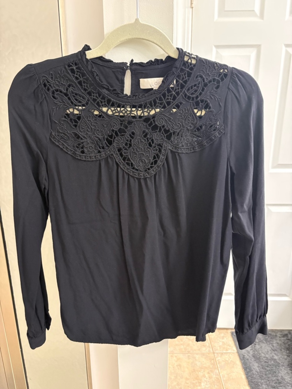 LOFT Black Long-Sleeve Top with Lace Yoke